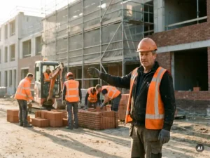 Nederlandstalige uitvoerder met helm gebaart naar vijf bouwvakkers in oranje hesjes die stenen leggen, steigers op de achtergrond, gouden ochtendlicht.