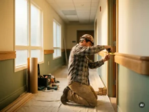 Bouwvakker meet een deurpost op in een lichte ziekenhuisgang tijdens renovatiewerkzaamheden, gereedschap netjes gestald op de achtergrond.